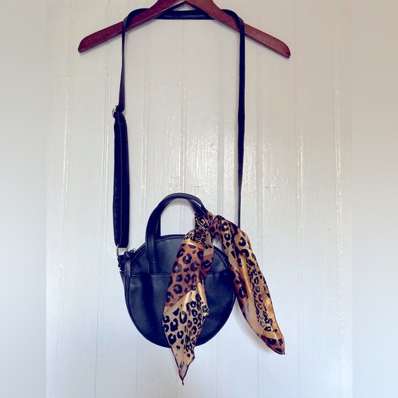 PRICE DROP! Trendy Circle Crossbody Bag, Black Vegan Leather, Adjustable, Scarf - Picture 3 of 8